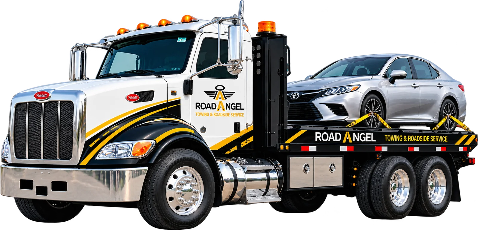 RoadAngel Towing & Roadside Service flatbed tow truck with a silver Toyota sedan strapped to the deck