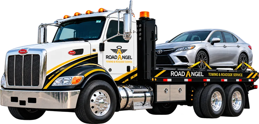 RoadAngel Towing & Roadside Service flatbed tow truck with a silver Toyota sedan strapped to the deck