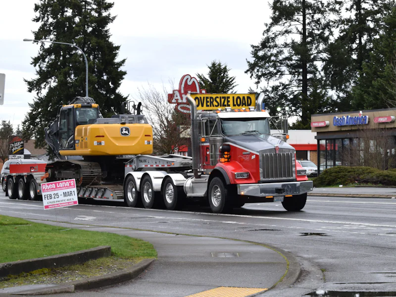 Heavy hauler truck carrying an excavator on a lowboy trailer
