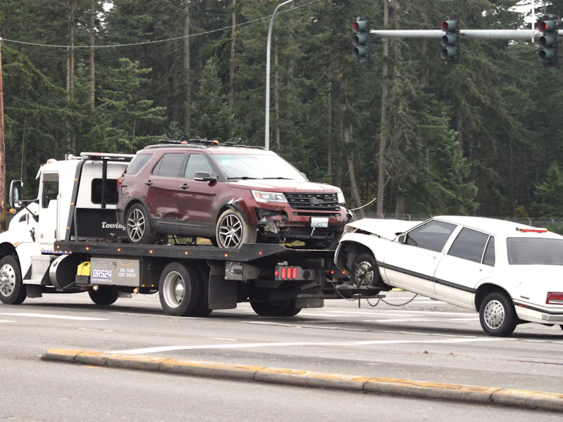 Flatbed tow truck carrying an SUV with a sedan on the wheel-lift behind it